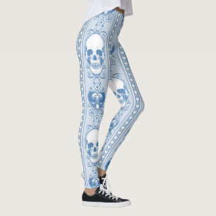 Baroque Skull Stripe Pattern Blue Leggings