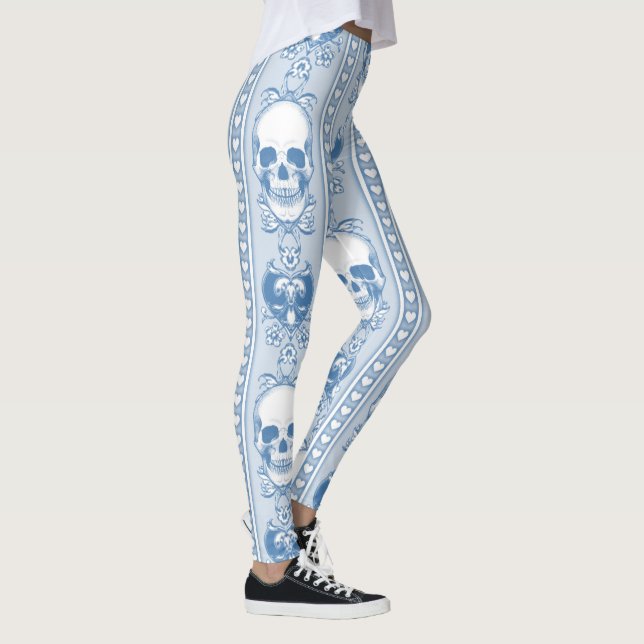 Baroque Skull Stripe Pattern Blue Leggings (Right)