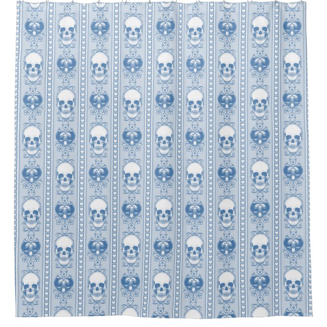 Baroque Skull Stripe Pattern Blue Shower Curtain (Front)