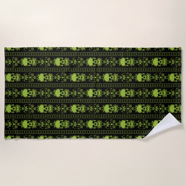 Baroque Skull Stripe Pattern Green Beach Towel (Front)