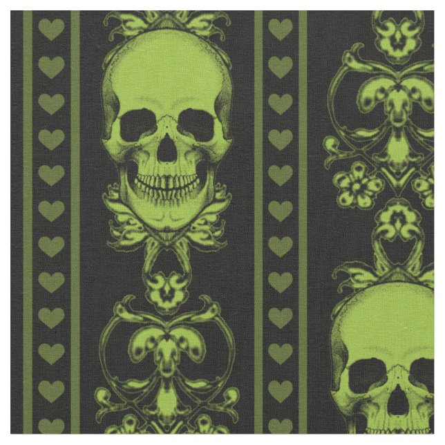 Baroque Skull Stripe Pattern Green Fabric (Close Up)