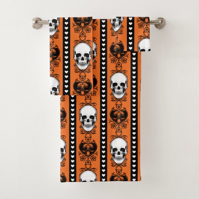 Baroque Skull Stripe Pattern Orange Black Bath Towel Set (Insitu)