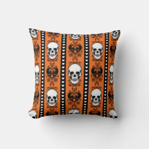 Baroque Skull Stripe Pattern Orange Black Cushion