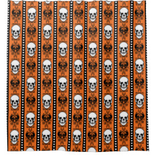 Baroque Skull Stripe Pattern Orange Black Shower Curtain