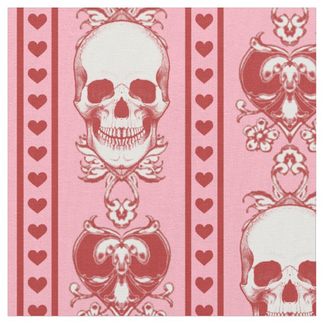 Baroque Skull Stripe Pattern Pink Red Fabric (Close Up)