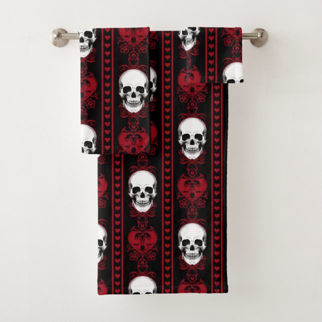 Baroque Skull Stripe Pattern Red Bath Towel Set (Insitu)