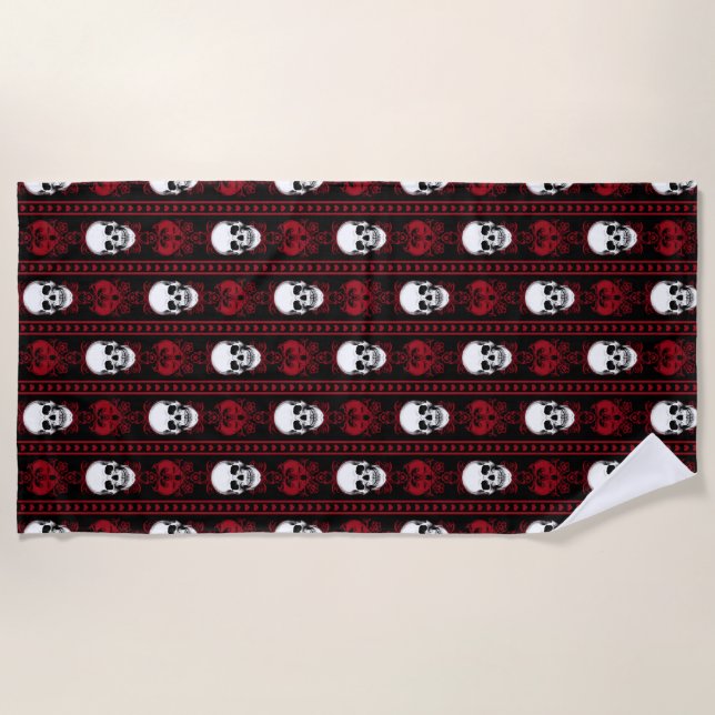 Baroque Skull Stripe Pattern Red Beach Towel (Front)
