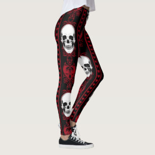 Baroque Skull Stripe Pattern Red Leggings
