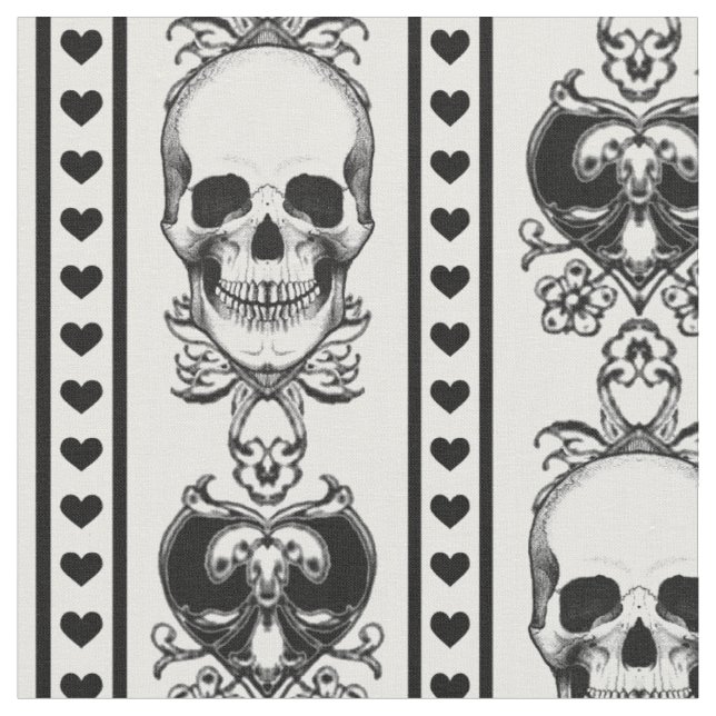 Baroque Skull Stripe Pattern White And Black Fabric (Close Up)