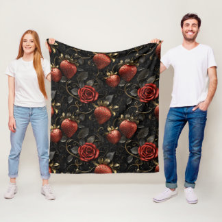 Baroque Strawberries and Roses Seamless Pattern Fleece Blanket