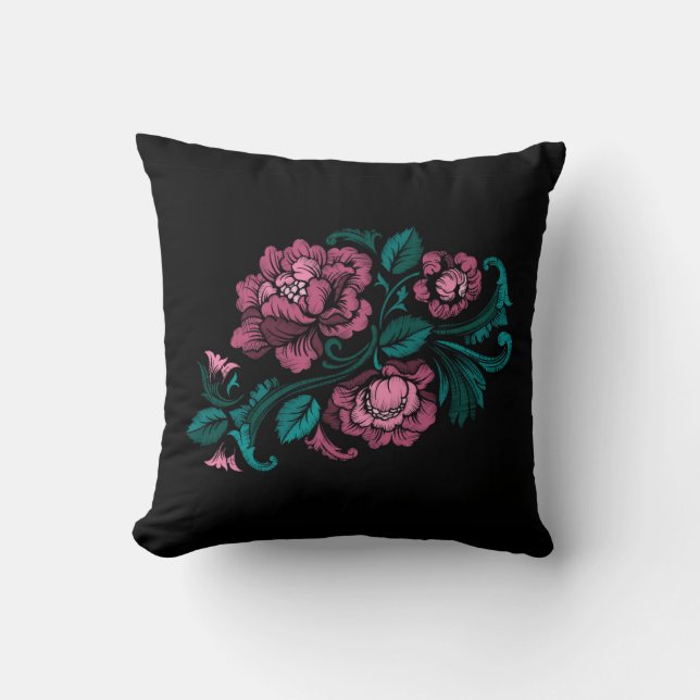 Baroque-Style Embroidery Pink Teal Floral Black Cushion (Front)