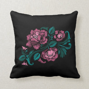 Baroque-Style Embroidery Pink Teal Floral Black Cushion