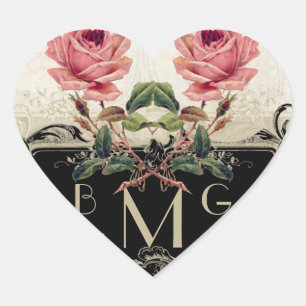 Baroque Style Vintage Rose Black n Cream Lace Heart Sticker