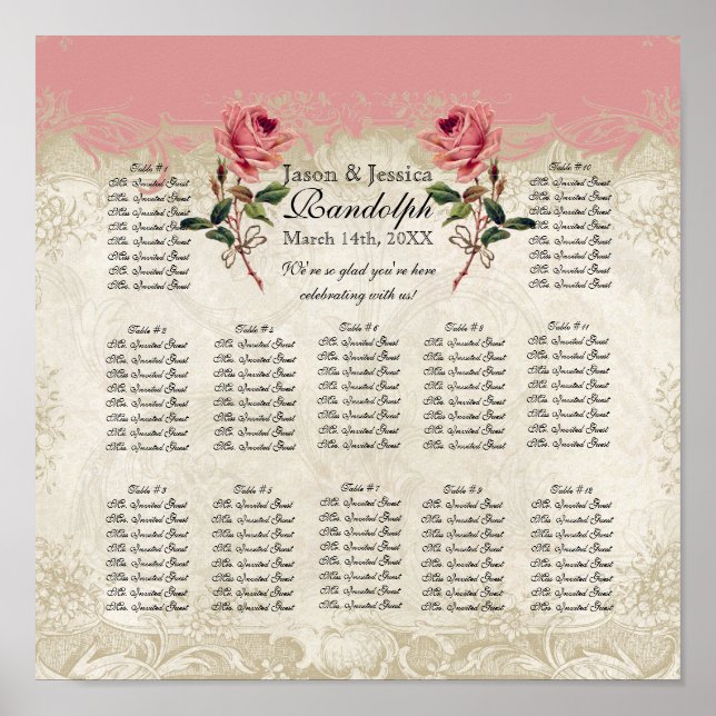 Baroque Style Vintage Rose Reception Seating Chart (Front)