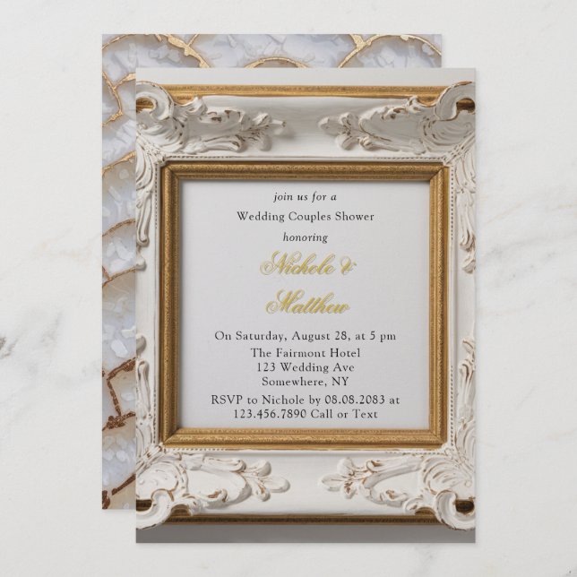 Baroque Style White Gold Wedding Couples Shower Invitation (Front/Back)