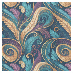 Baroque Teal Gold & Purple Swirl Floral Pattern Fabric