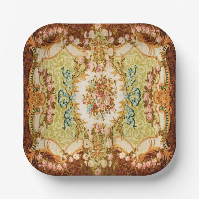 Baroque Victorian floral rose tapestry Paper Plate (Front)