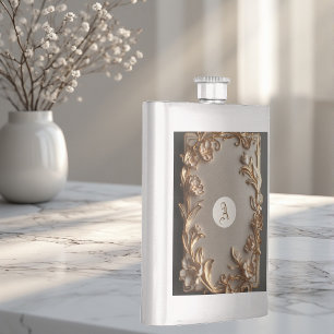 Baroque Vintage Topography Metallic Ivory Monogram Hip Flask