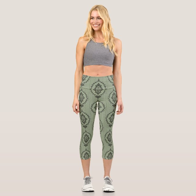 Baroque Wallpaper in Green Capri Leggings (Front)