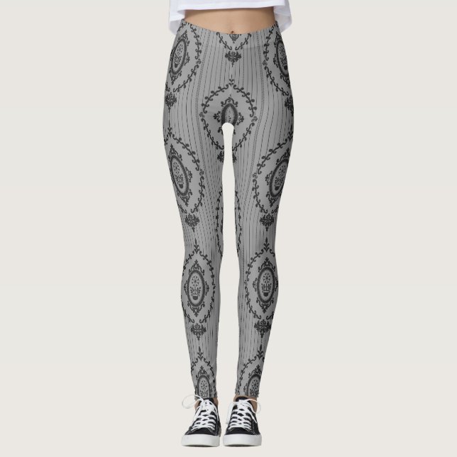 Baroque Wallpaper in Grey Leggings (Front)