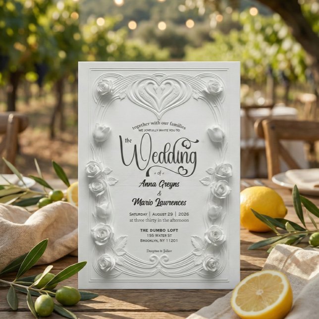 Baroque White Rose Faux 3D Embossed Formal Wedding Invitation (Creator Uploaded)