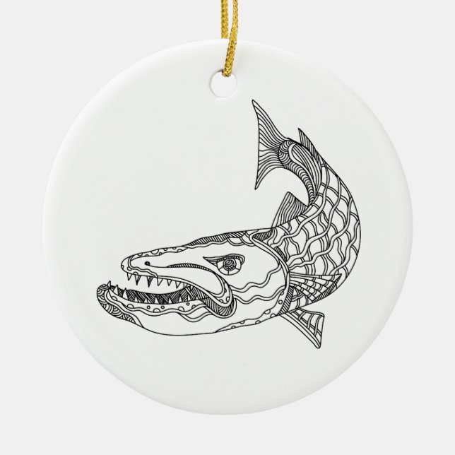 Barracuda Fish Doodle Art Ceramic Tree Decoration (Front)