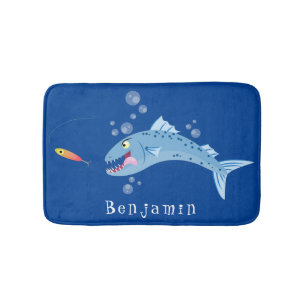 Barracuda fish hungry fishing cartoon illustration bath mat