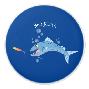 Barracuda fish hungry fishing cartoon illustration ceramic knob