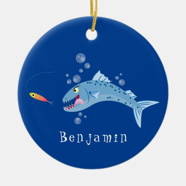 Barracuda fish hungry fishing cartoon illustration ceramic ornament (Front)