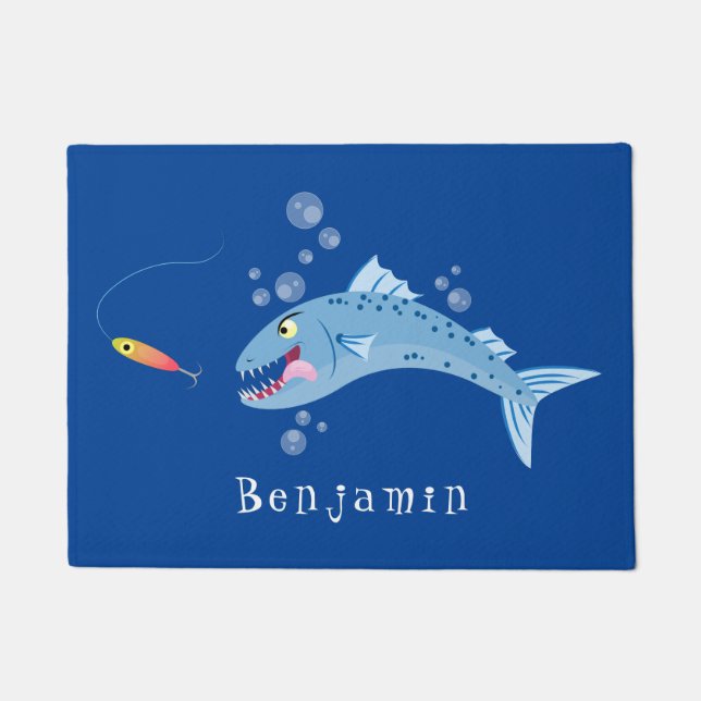 Barracuda fish hungry fishing cartoon illustration doormat (Front)