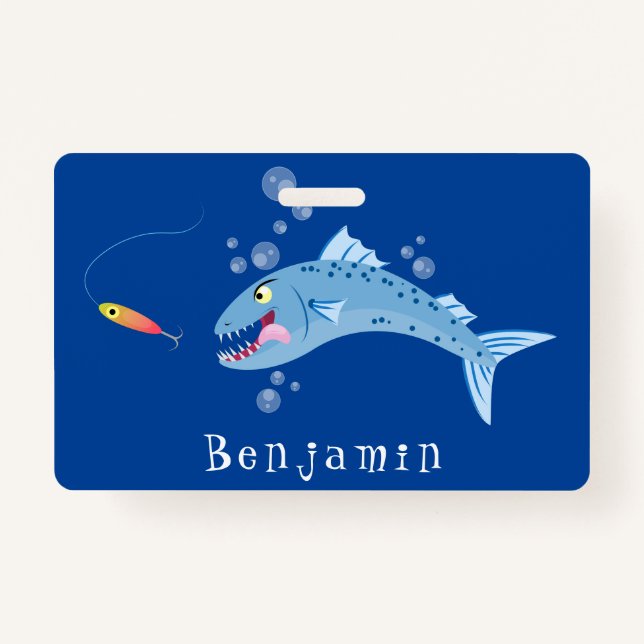 Barracuda fish hungry fishing cartoon illustration ID badge (Front)