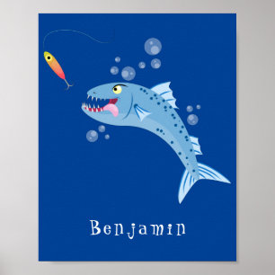 Barracuda fish hungry fishing cartoon illustration poster