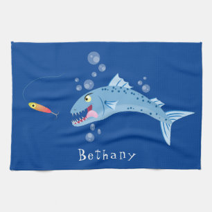 Barracuda fish hungry fishing cartoon illustration tea towel