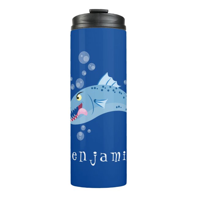 Barracuda fish hungry fishing cartoon illustration thermal tumbler (Front)