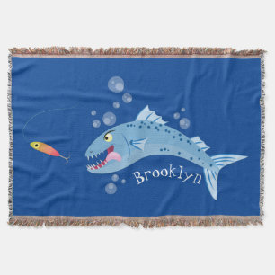 Barracuda fish hungry fishing cartoon illustration throw blanket