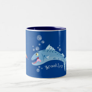 Barracuda fish hungry fishing cartoon illustration Two-Tone coffee mug
