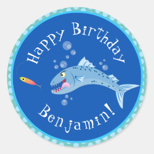 Barracuda fishing cartoon personalised birthday classic round sticker