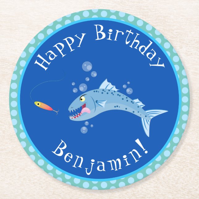 Barracuda hungry fishing cartoon illustration round paper coaster (Front)