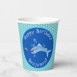 Barracuda hungry fishing personalised birthday paper cups
