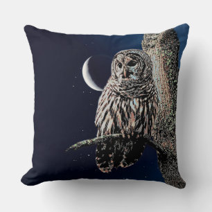 Barred Owl Crescent Moon Night Sky Cushion