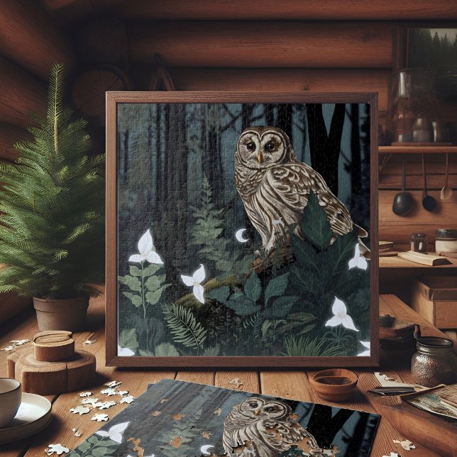 Barred Owl Fantasy Woodland Trillium Night Garden Jigsaw Puzzle (beautiful woodland owl portrait with Trillium forest flowers and tiny crescent moon)