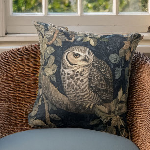 Barred Owl in a Night Forest William Morris Style Cushion