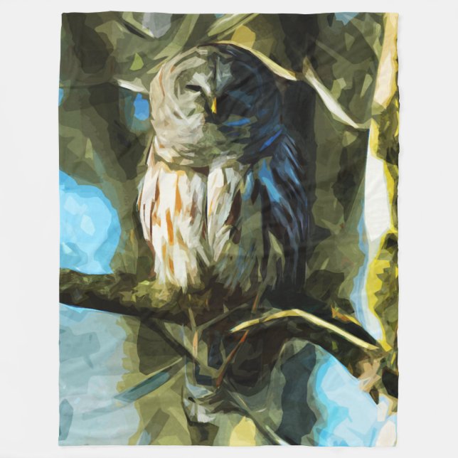 Barred Owl in Tree Abstract Impressionism Fleece Blanket (Front)