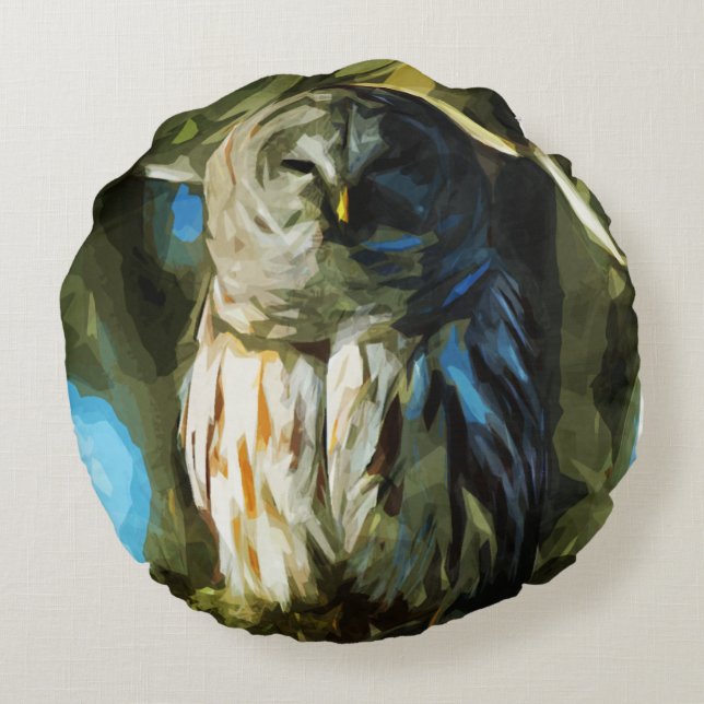 Barred Owl in Tree Abstract Impressionism Round Cushion (Back)