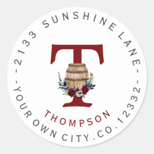 Barrel Burgundy Floral Circular Address Label
