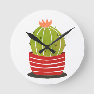 BARREL CACTUS in a red pot minimal art  Round Clock