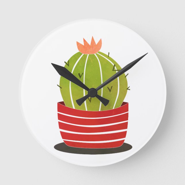 BARREL CACTUS in a red pot minimal art  Round Clock (Front)