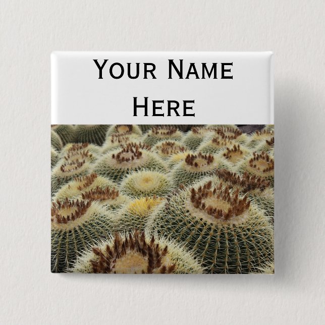 Barrel cactus pin-back button name tag (Front)