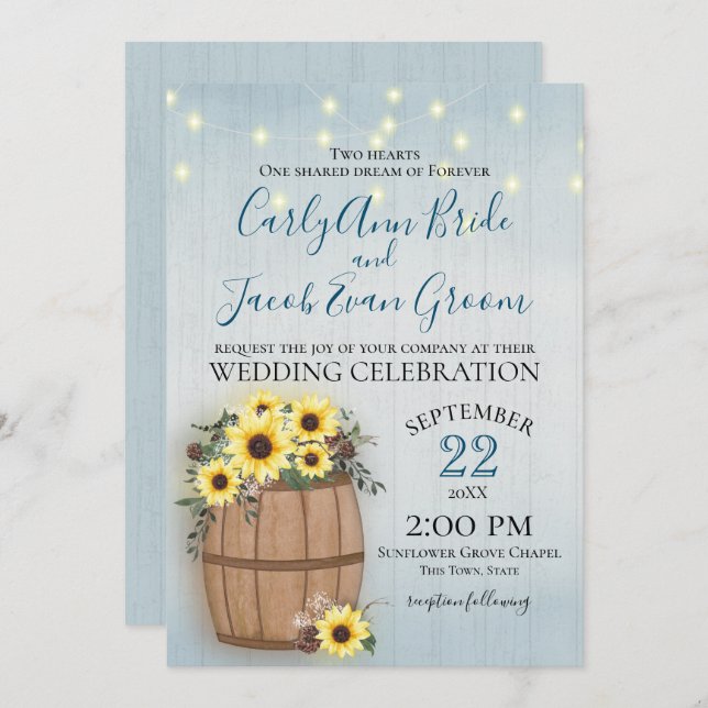 Barrel of Sunflowers Rustic Wood and Lights Invitation (Front/Back)