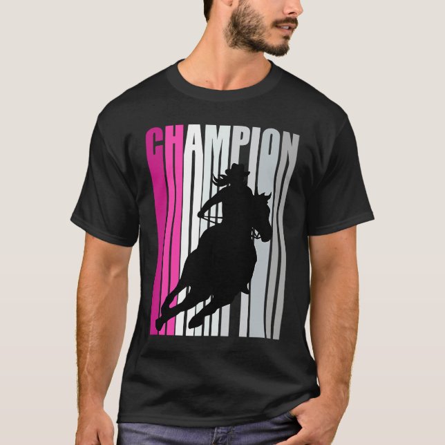 Barrel Racing Champion Horse Riding Pink Retro Cow T-Shirt (Front)